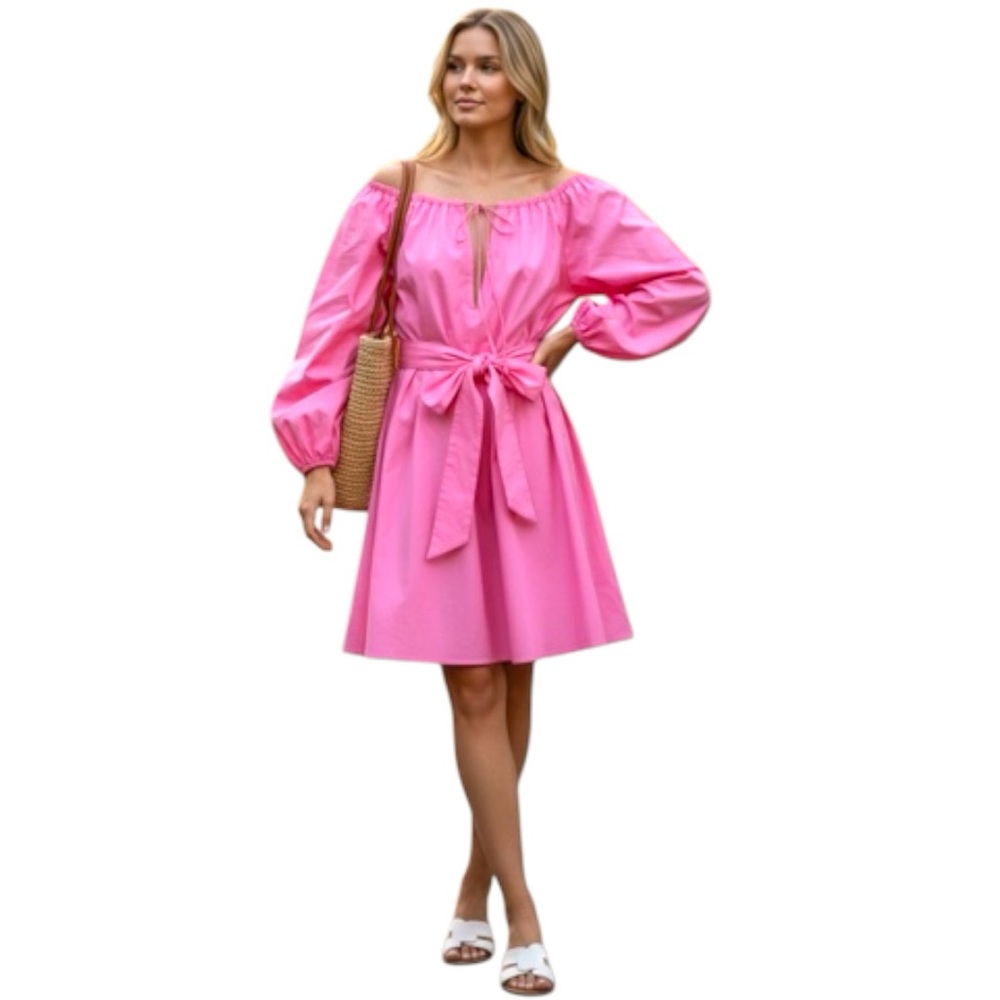 Pink Tie-Waist Dress XS-L Oversized Cotton Dramatic Balloon Sleeve Feminine Boho
